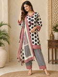 Ivory printed 3-piece kurta pant dupatta set with maroon border
