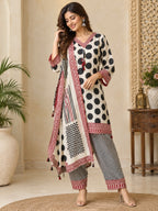 Ivory printed 3-piece kurta pant dupatta set with maroon border