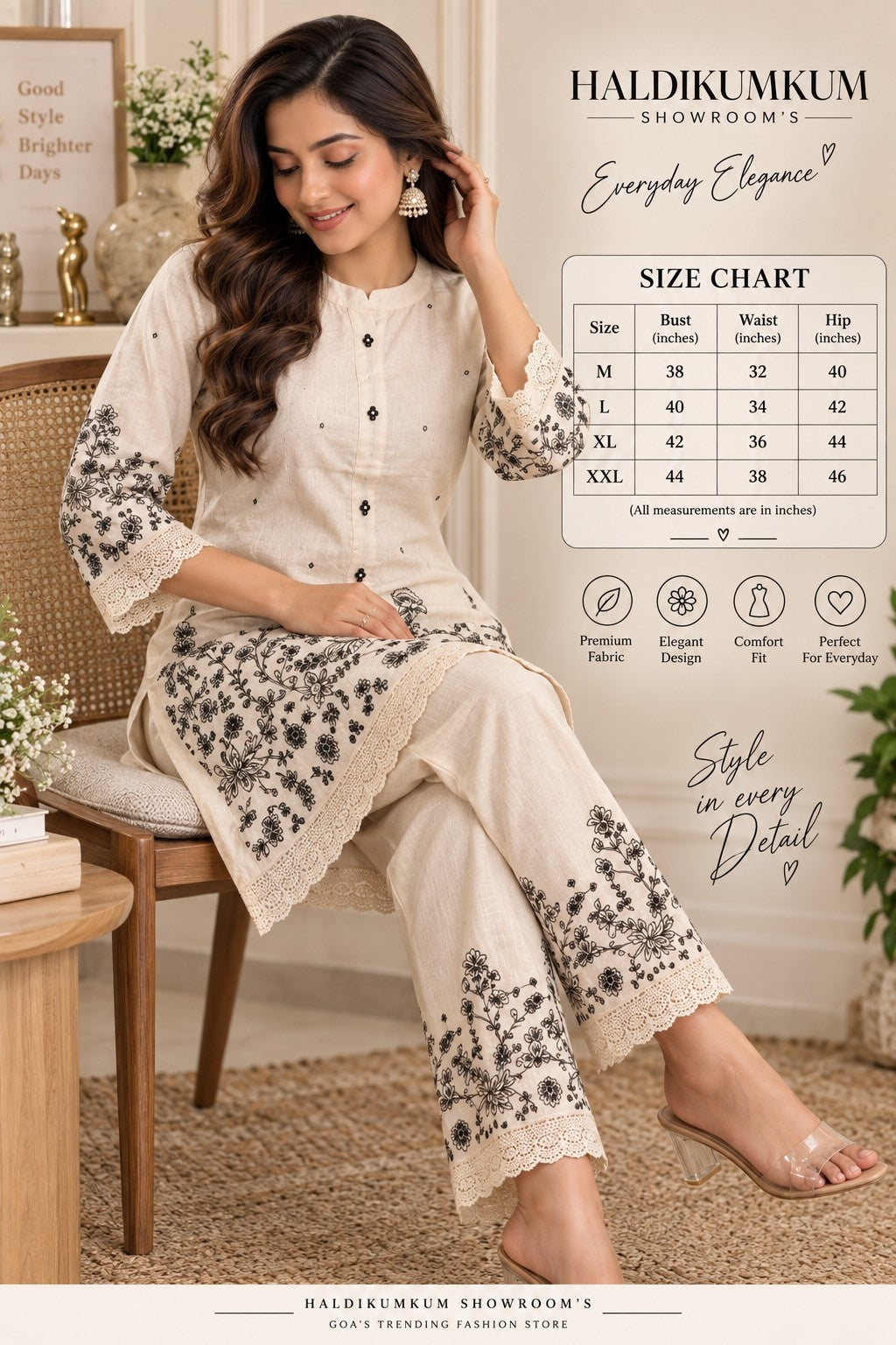 Ivory ethnic kurta pant set with black floral print and decorative lace detailing