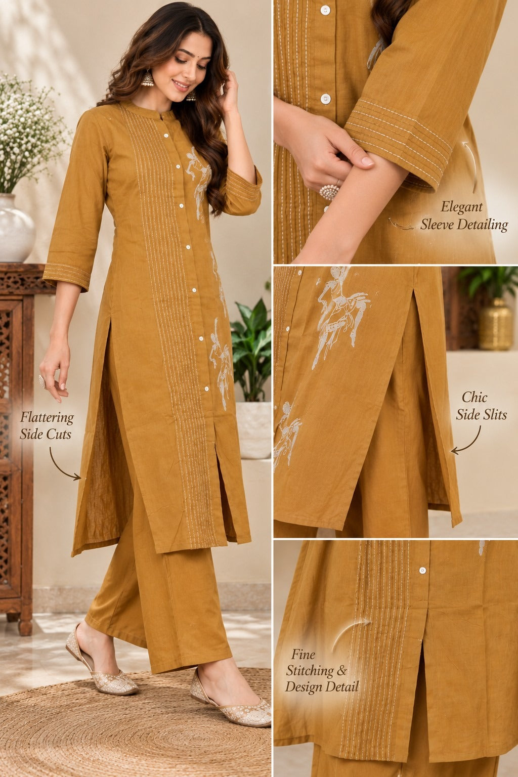 Mustard yellow printed kurta with matching straight-fit pants