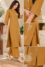 Mustard yellow printed kurta with matching straight-fit pants