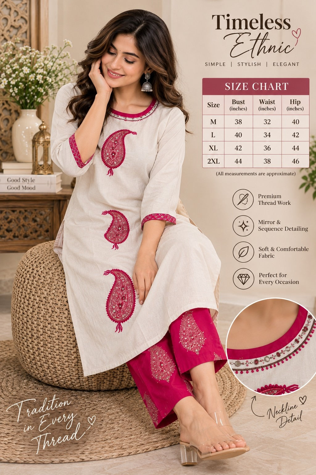 Off-white pink printed kurta with matching paisley print pants