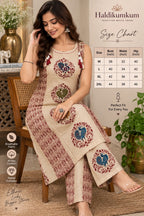 Beige printed kurta with matching straight-fit pants and shoulder tassels