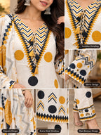 Off-white mustard black printed kurta pant set with dupatta