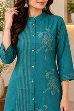 Teal green floral embroidered kurta pant set for everyday ethnic wear