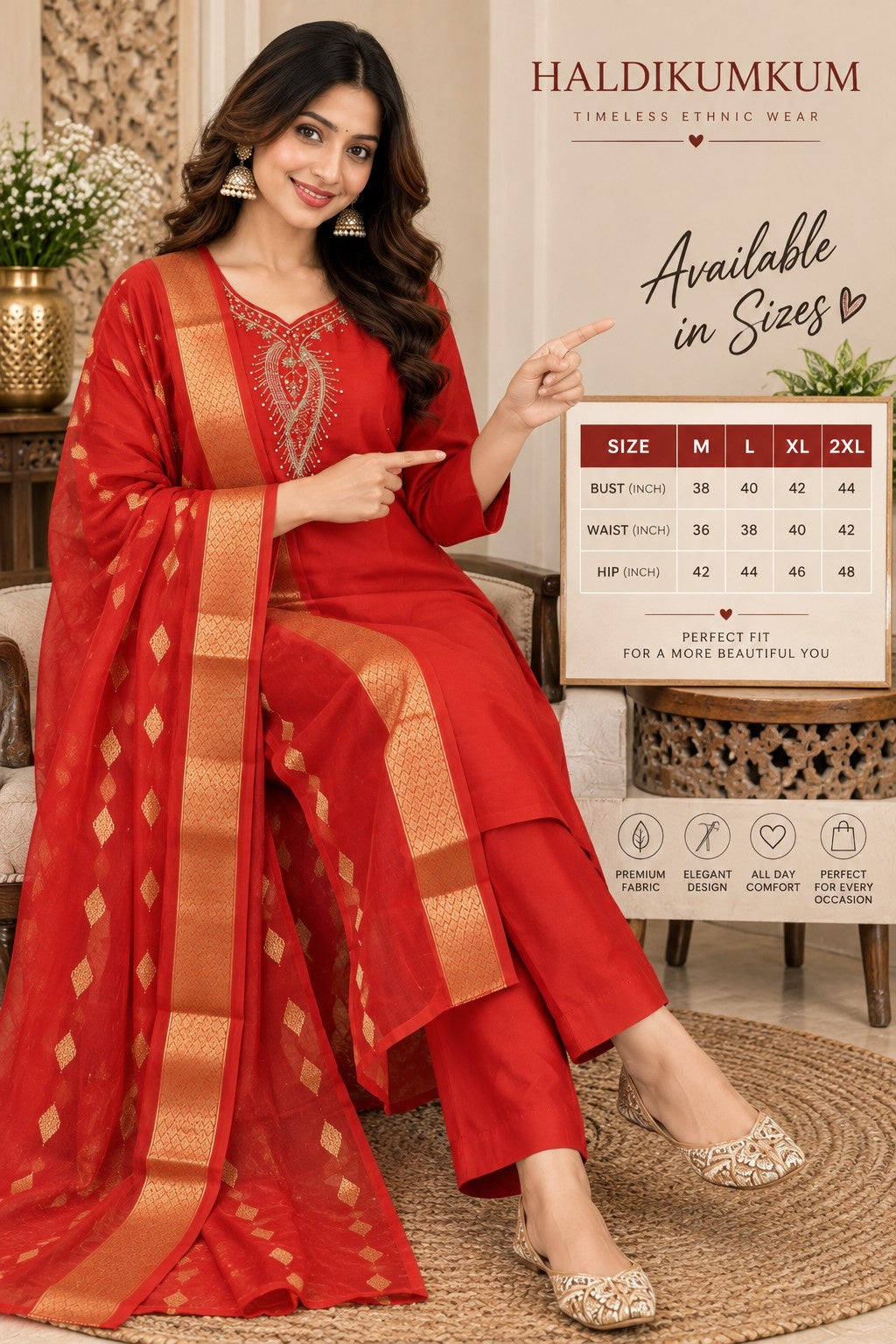 Red embroidered kurta set with golden printed dupatta and traditional motifs