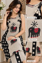 Beige black printed kurta with matching straight-leg pants for women