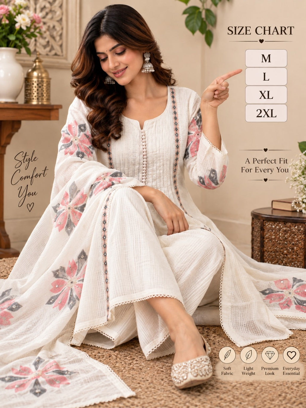 Ivory floral printed kurta pant set with matching dupatta