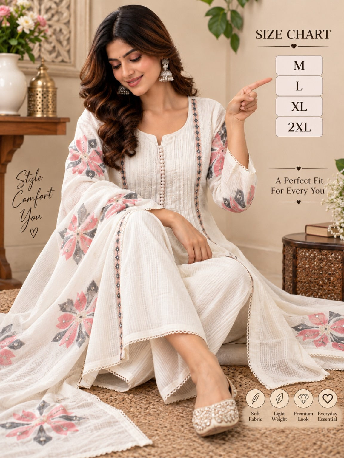Ivory floral printed kurta pant set with matching dupatta