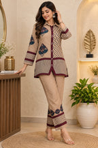 Beige printed kurta with maroon geometric borders and shirt collar