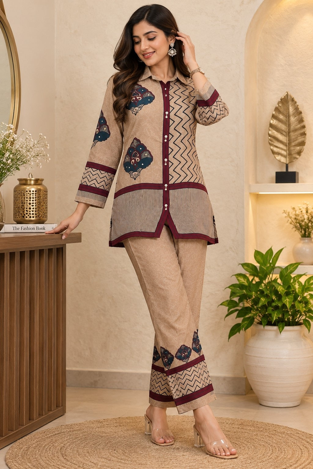 Beige printed kurta with maroon geometric borders and shirt collar