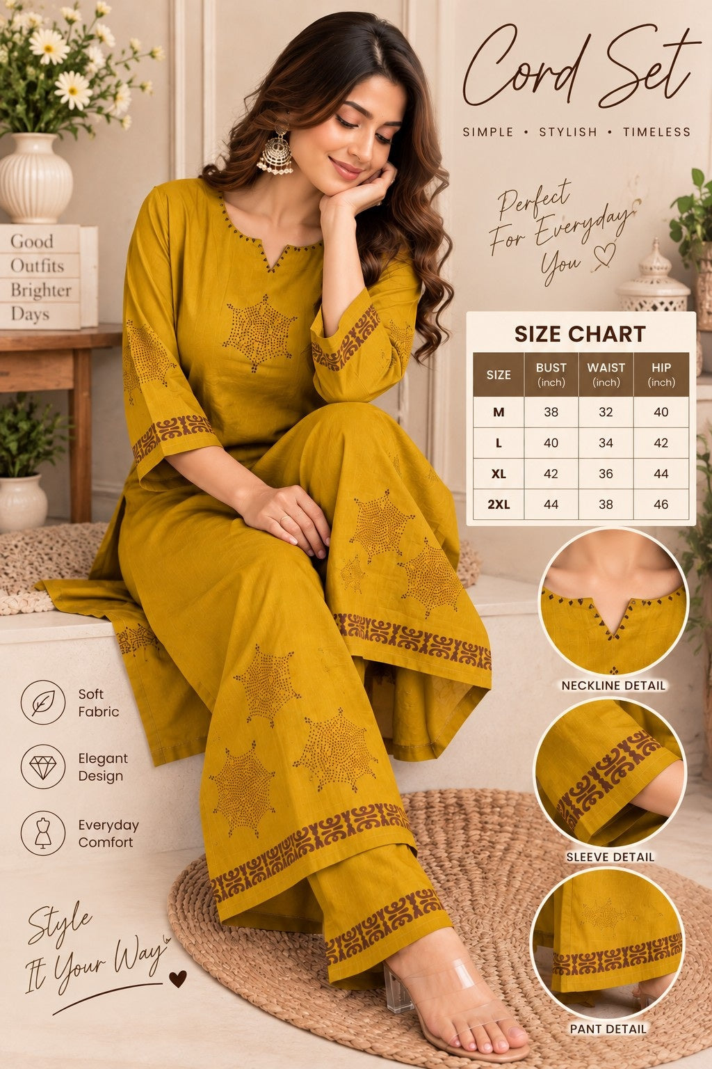 Mustard Yellow Printed Kurta Pant Set for Women