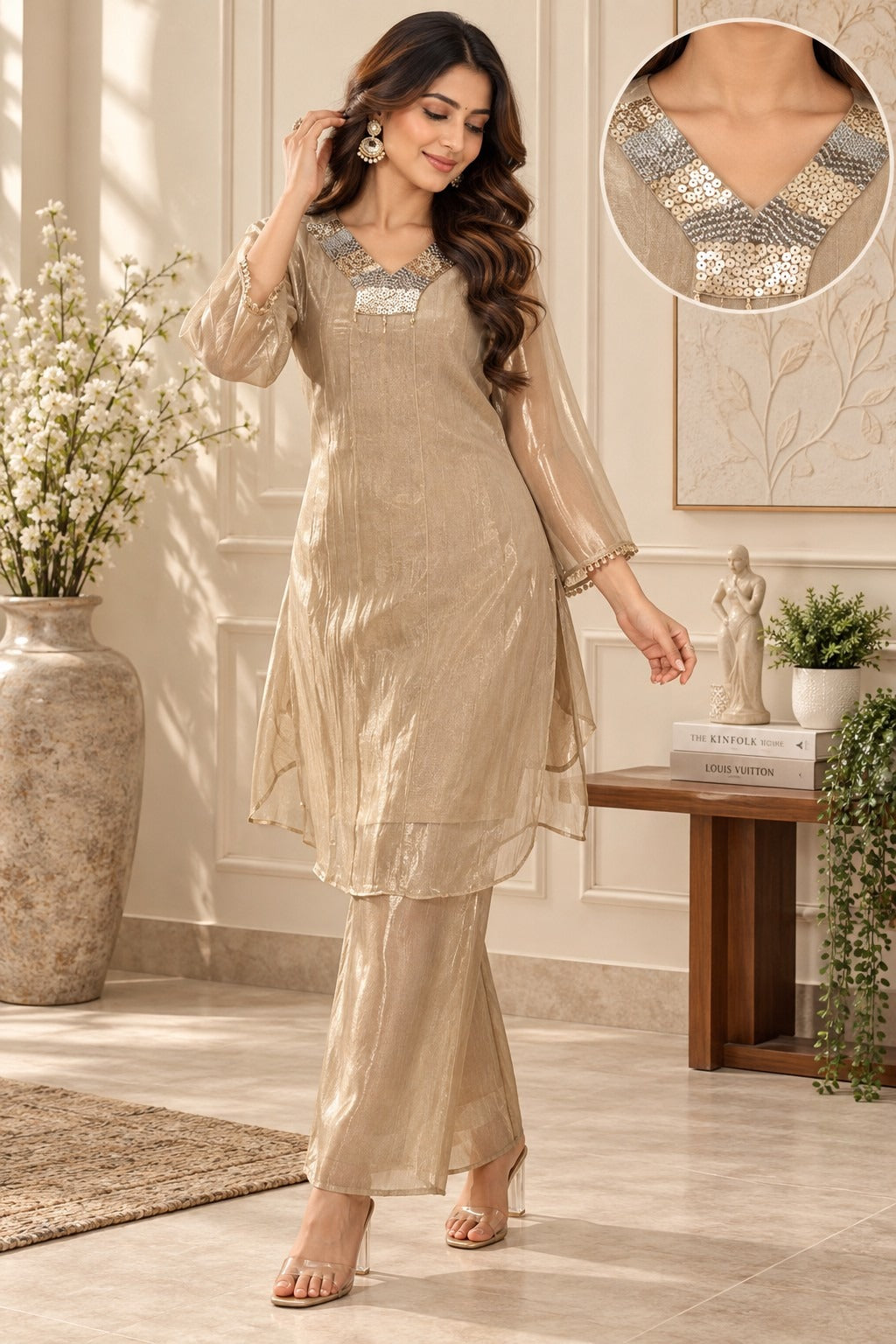 Beige straight-cut kurta with embellished V-neck and sheer flared sleeves