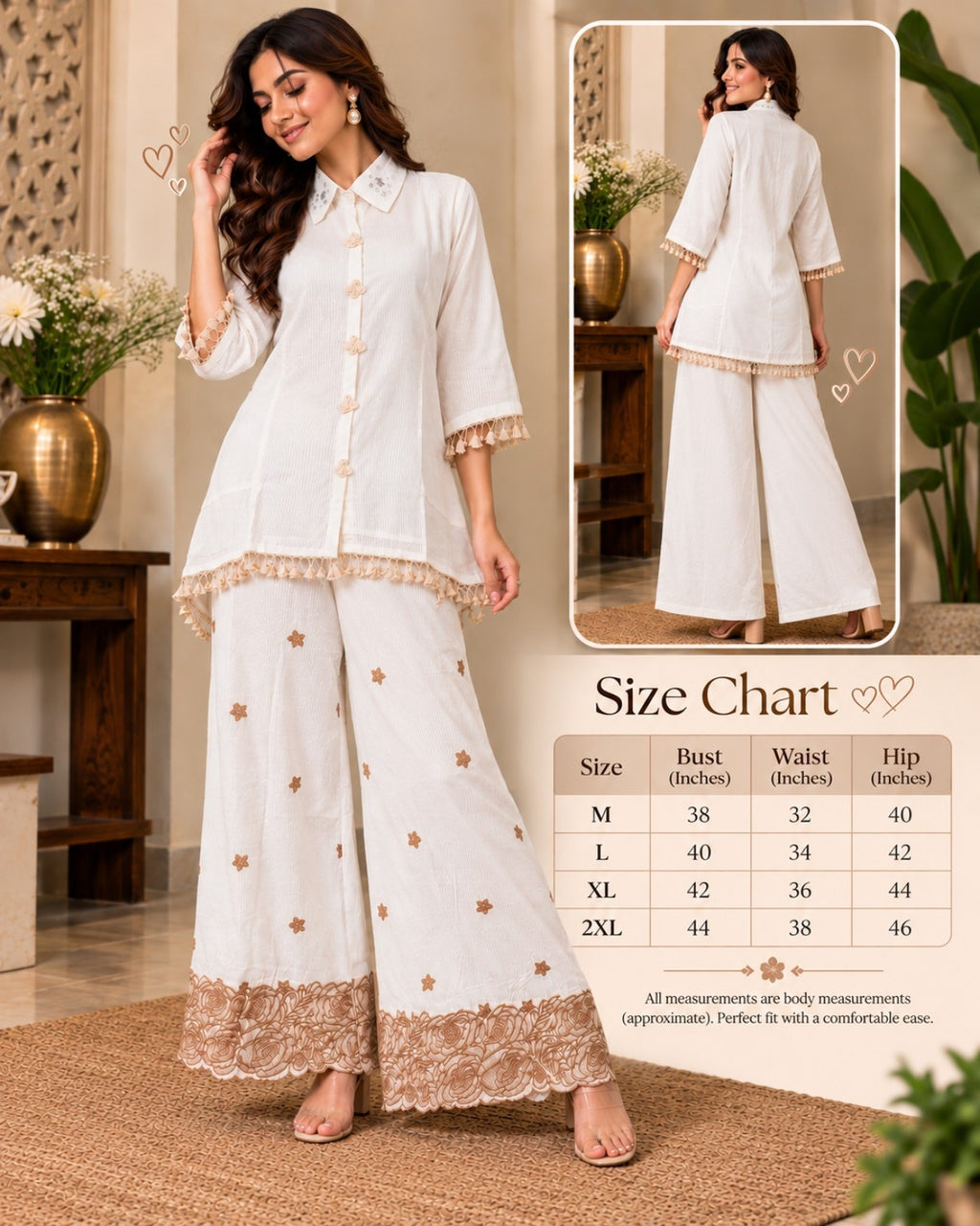White Embroidered Co-Ord Set for Women with Lace Trim Embroidery Detail
