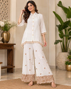 White Embroidered Co-Ord Set for Women with Lace Trim and Wide-Leg Pants