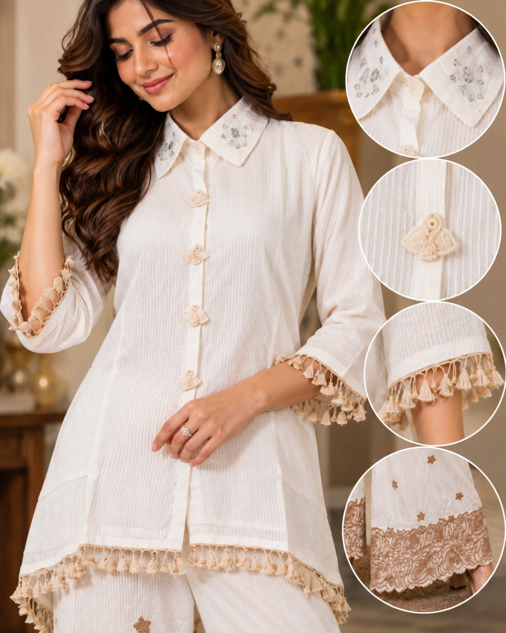 White Embroidered Co-Ord Set for Women Side View with Wide-Leg Pants