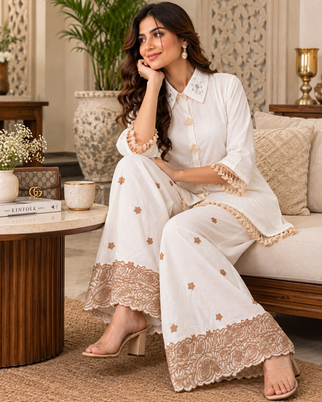 White Embroidered Co-Ord Set for Women Back View with Lace Trim