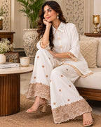 White Embroidered Co-Ord Set for Women Back View with Lace Trim