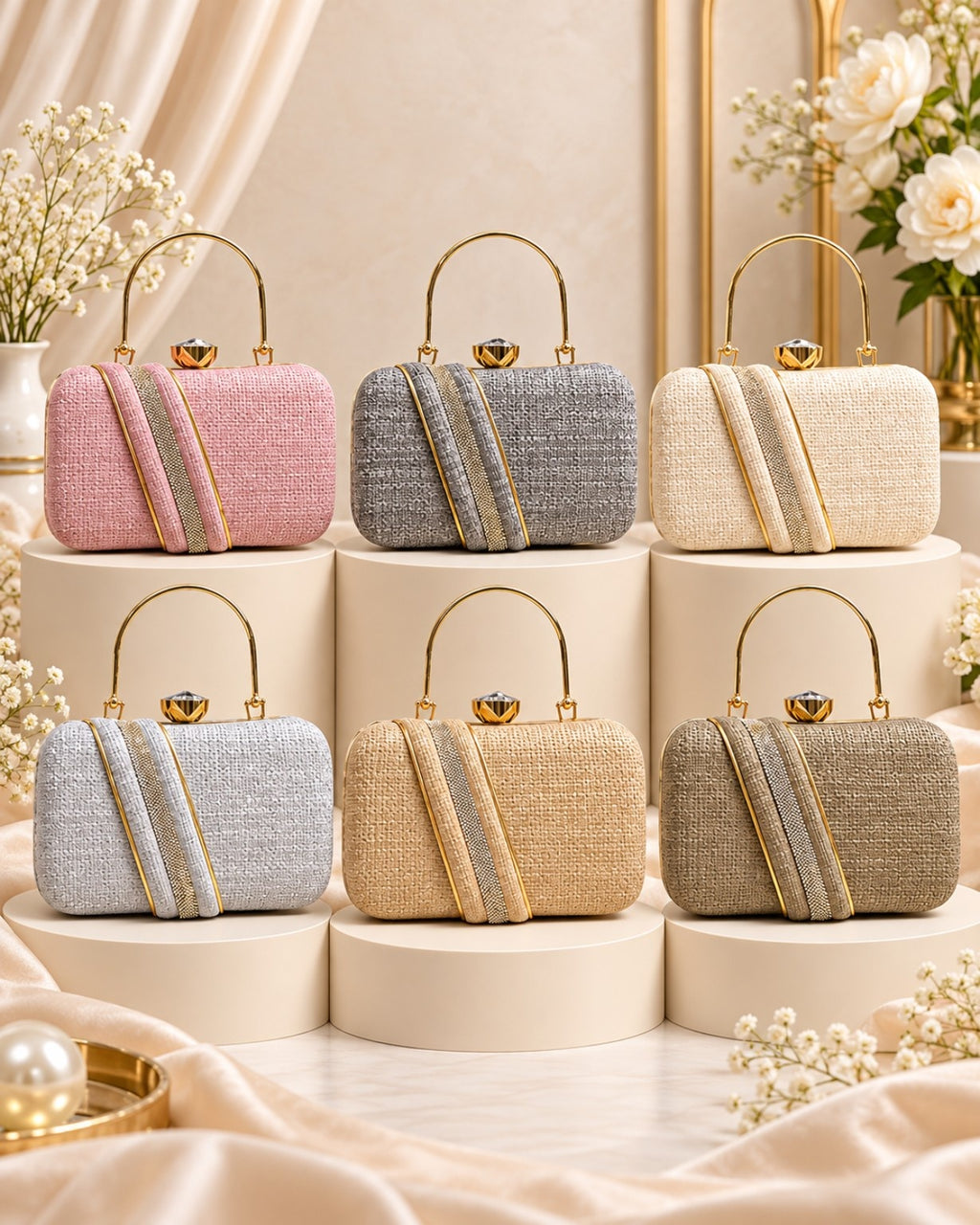 Textured Structured Handbag for Women with Gold-Tone Handle & Embellished Strap