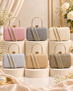 Textured Structured Handbag for Women with Gold-Tone Handle & Embellished Strap