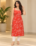 Red Floral Printed Straight Kurti for Women