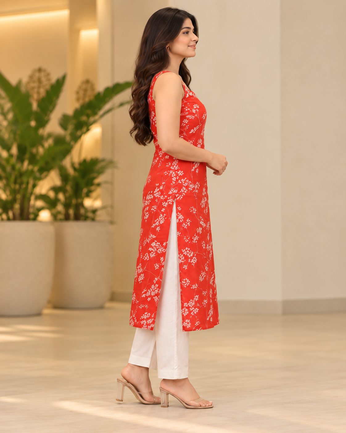 Red Floral Printed Straight Kurti for Women