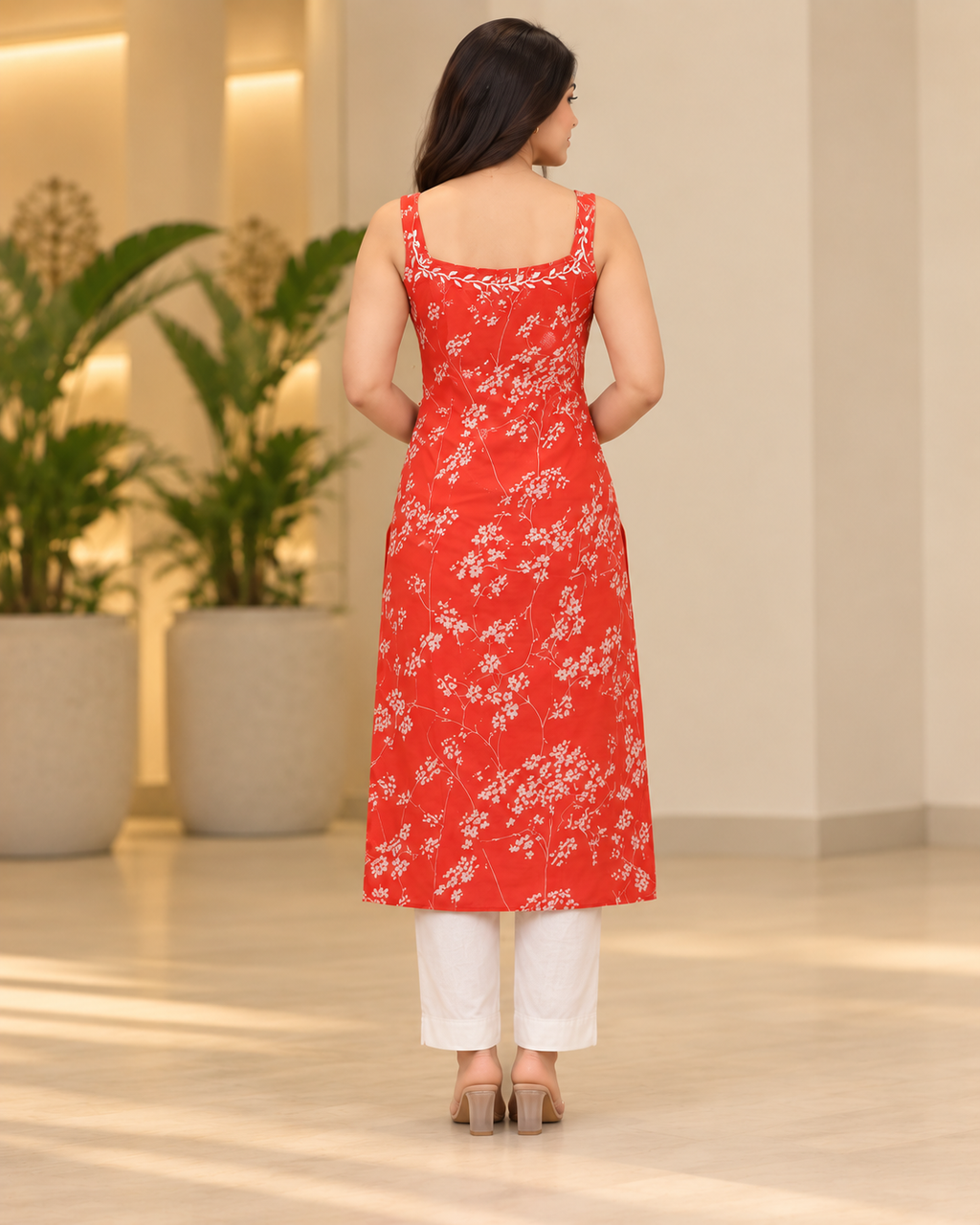 Red Floral Printed Straight Kurti for Women