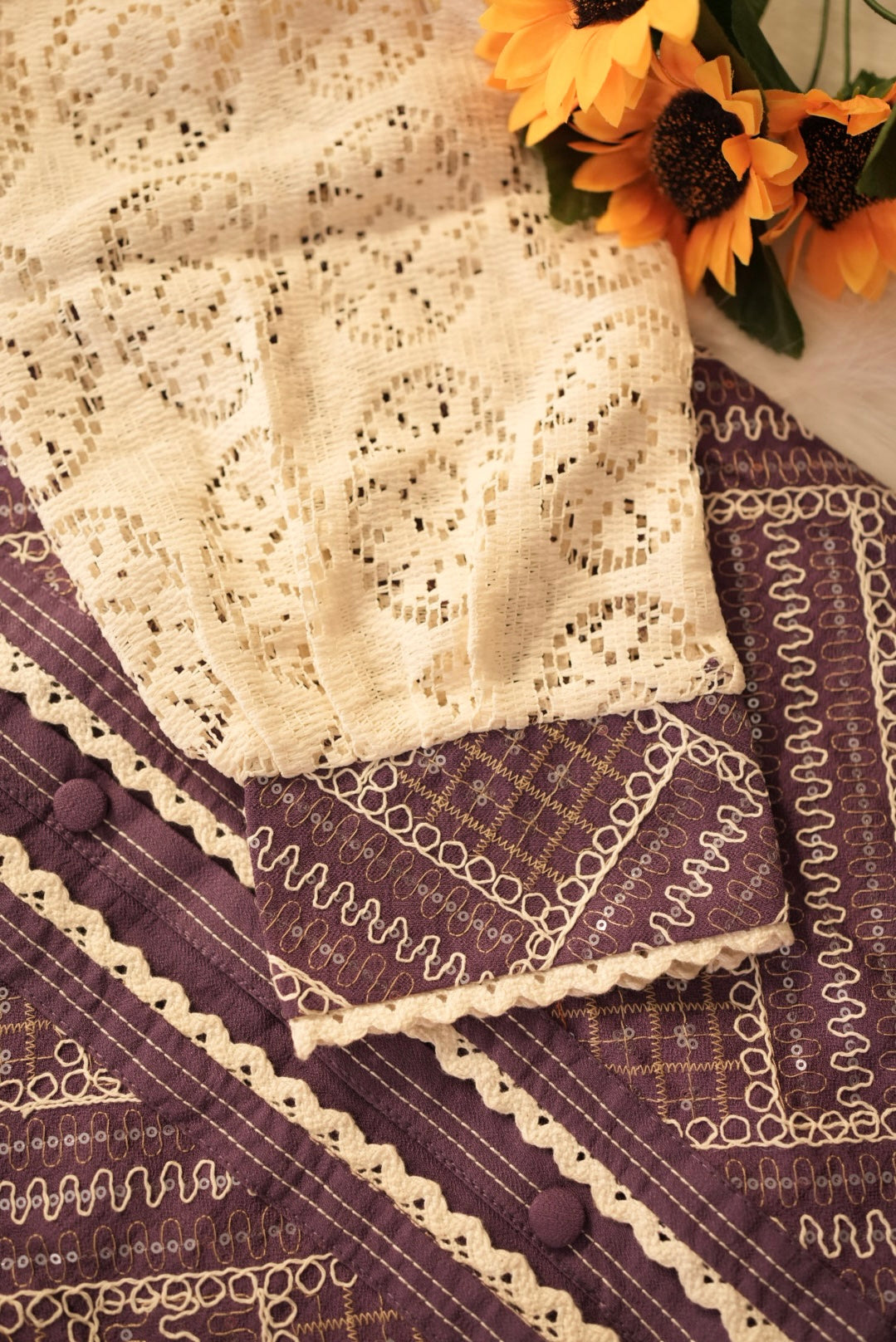 Purple Layered Co-Ord Set with Lace Jacket | Designer Ethnic Cord Set for Women