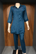 Dark Blue Embroidered Co-Ord Set for Women | Premium Shirt Style Kurta Pant Set