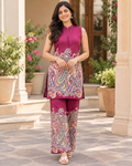 Wine Magenta Paisley Printed Sleeveless Kurta Pant Set for Women