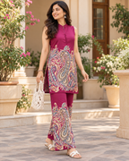 Wine Magenta Paisley Printed Sleeveless Kurta Pant Set for Women