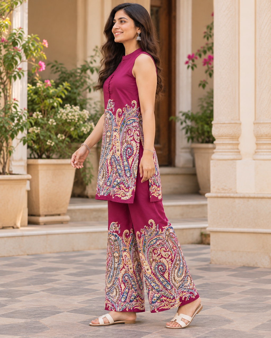 Wine Magenta Paisley Printed Sleeveless Kurta Pant Set for Women