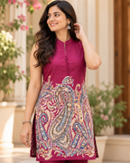 Wine Magenta Paisley Printed Sleeveless Kurta Pant Set for Women