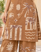 Camel Brown Coastal Print Sleeveless Kurta Pant Set for Women