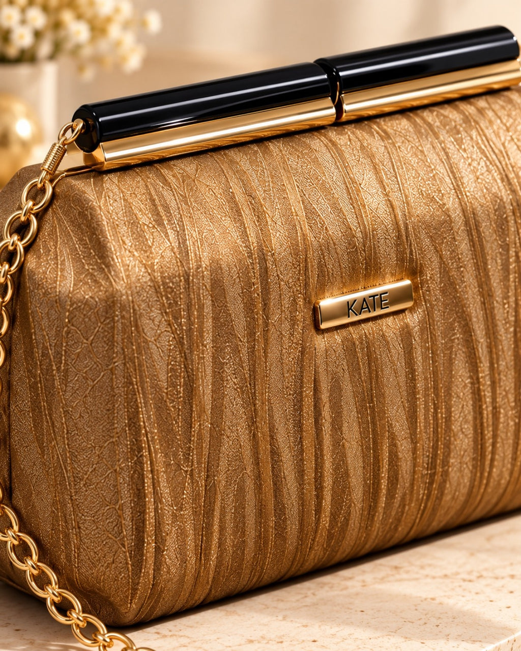 Textured Pleated Frame Clutch Bag with Chain Strap for Women