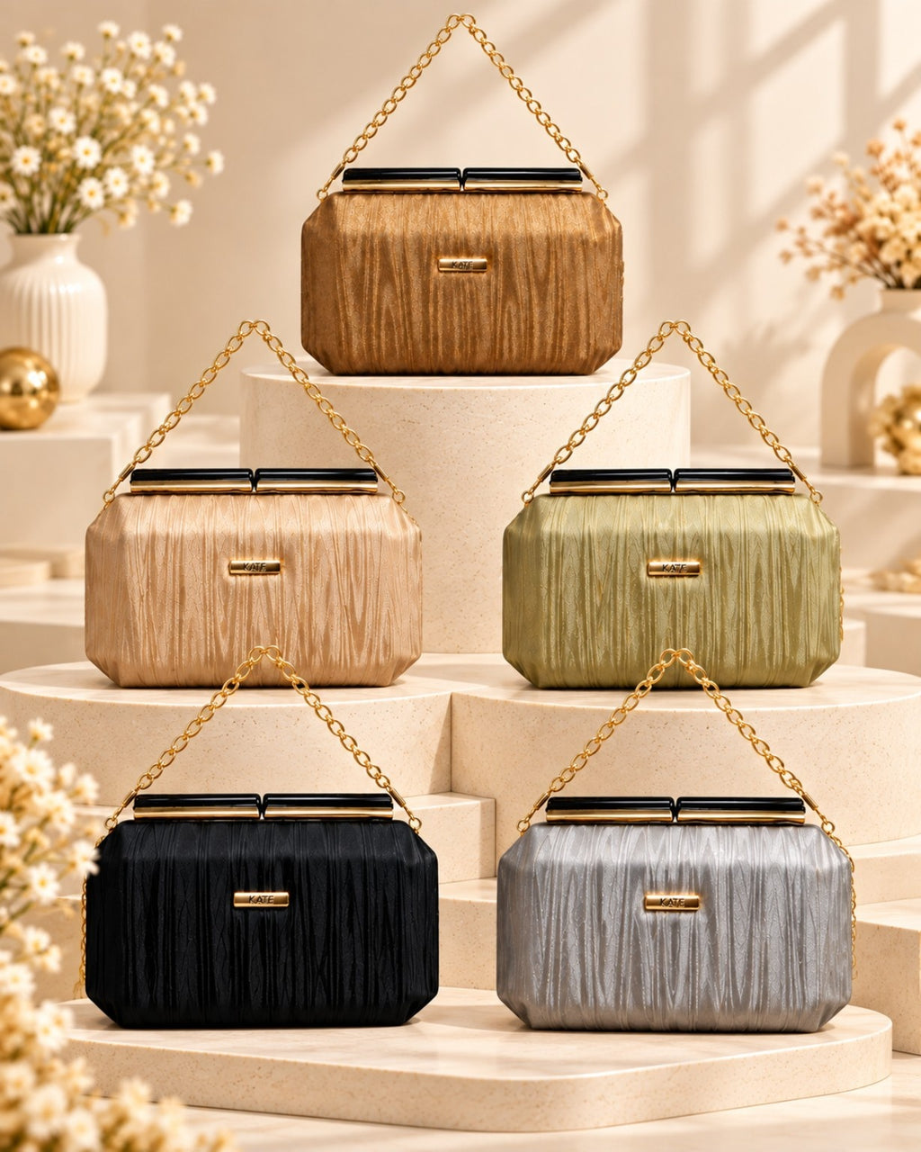 Textured Pleated Frame Clutch Bag with Chain Strap for Women