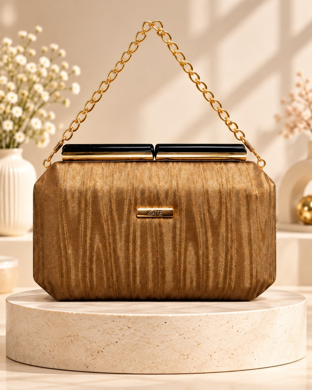 Textured Pleated Frame Clutch Bag with Chain Strap for Women