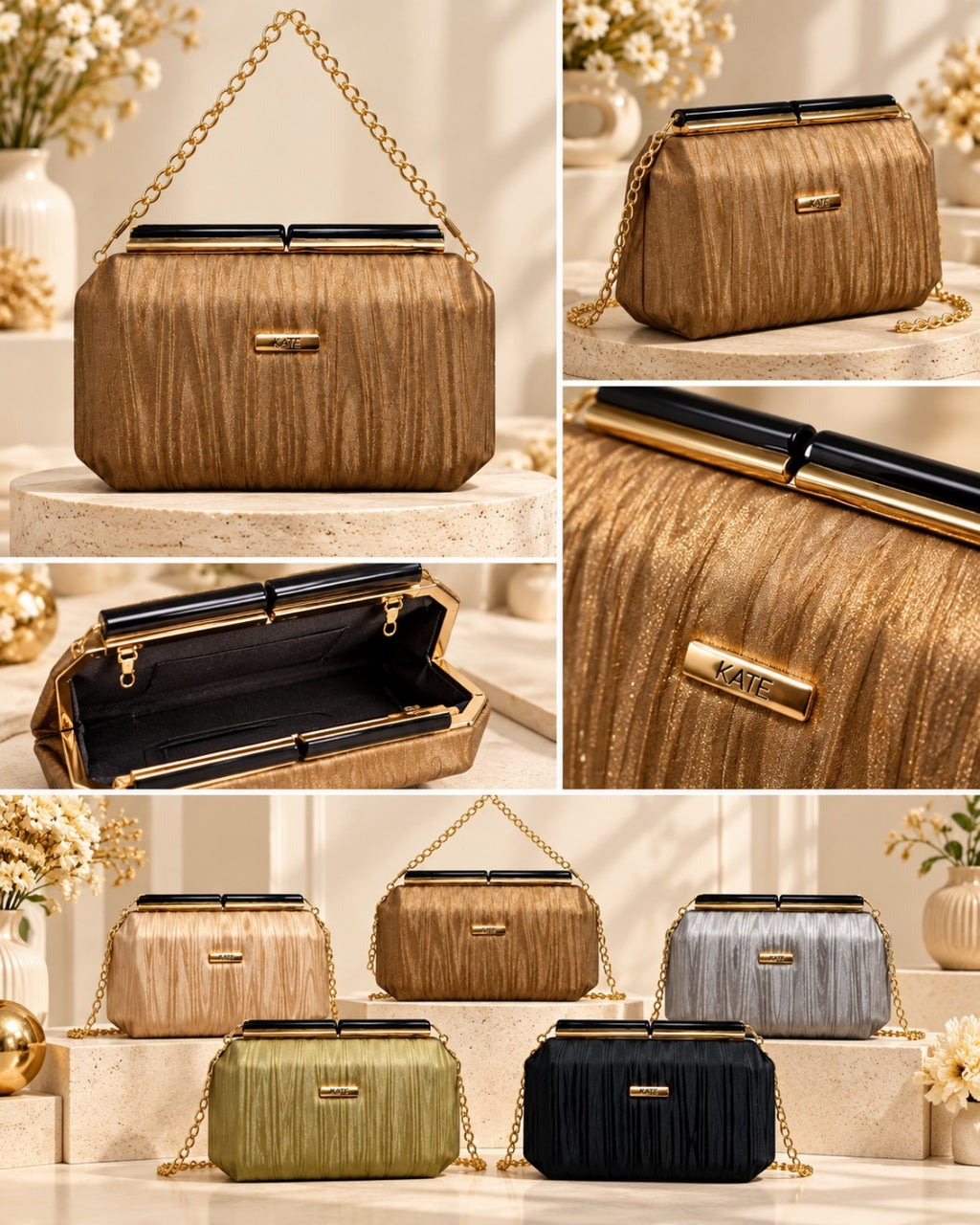 Textured Pleated Frame Clutch Bag with Chain Strap for Women
