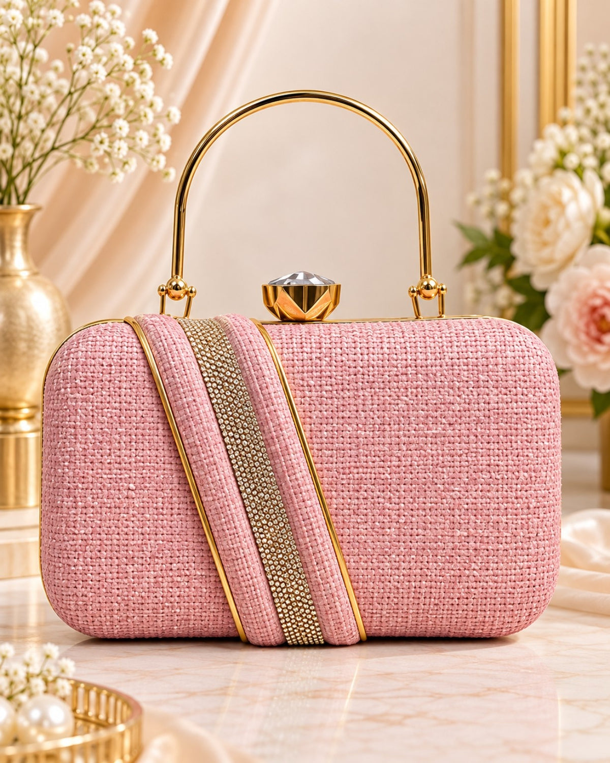 Textured Structured Handbag for Women with Gold-Tone Handle & Embellished Strap