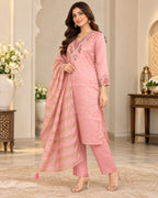 Pink Embroidered 3-Piece Suit Set for Women with Striped Dupatta