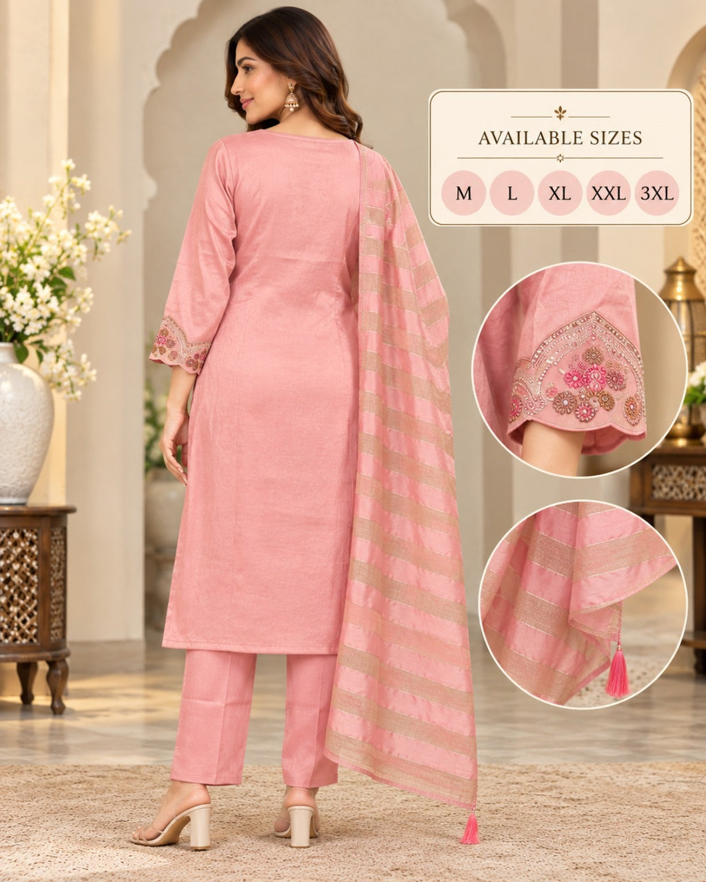 Pink Embroidered 3-Piece Suit Set for Women with Striped Dupatta