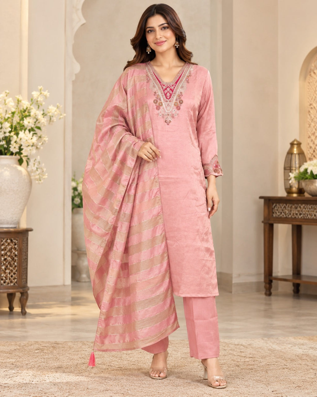 Pink Embroidered 3-Piece Suit Set for Women with Striped Dupatta