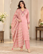 Pink Embroidered 3-Piece Suit Set for Women with Striped Dupatta