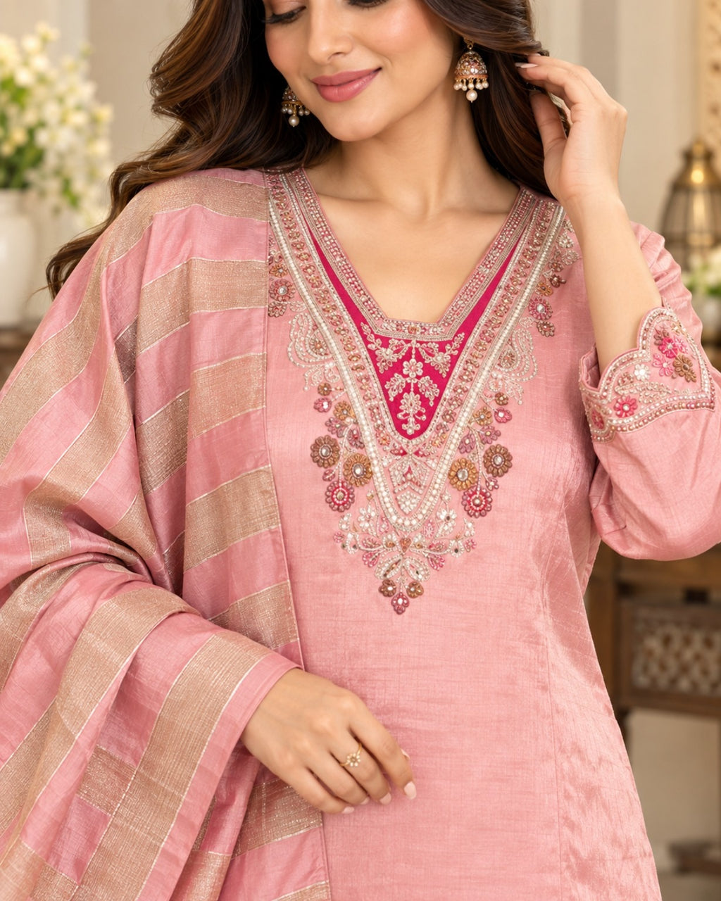 Pink Embroidered 3-Piece Suit Set for Women with Striped Dupatta