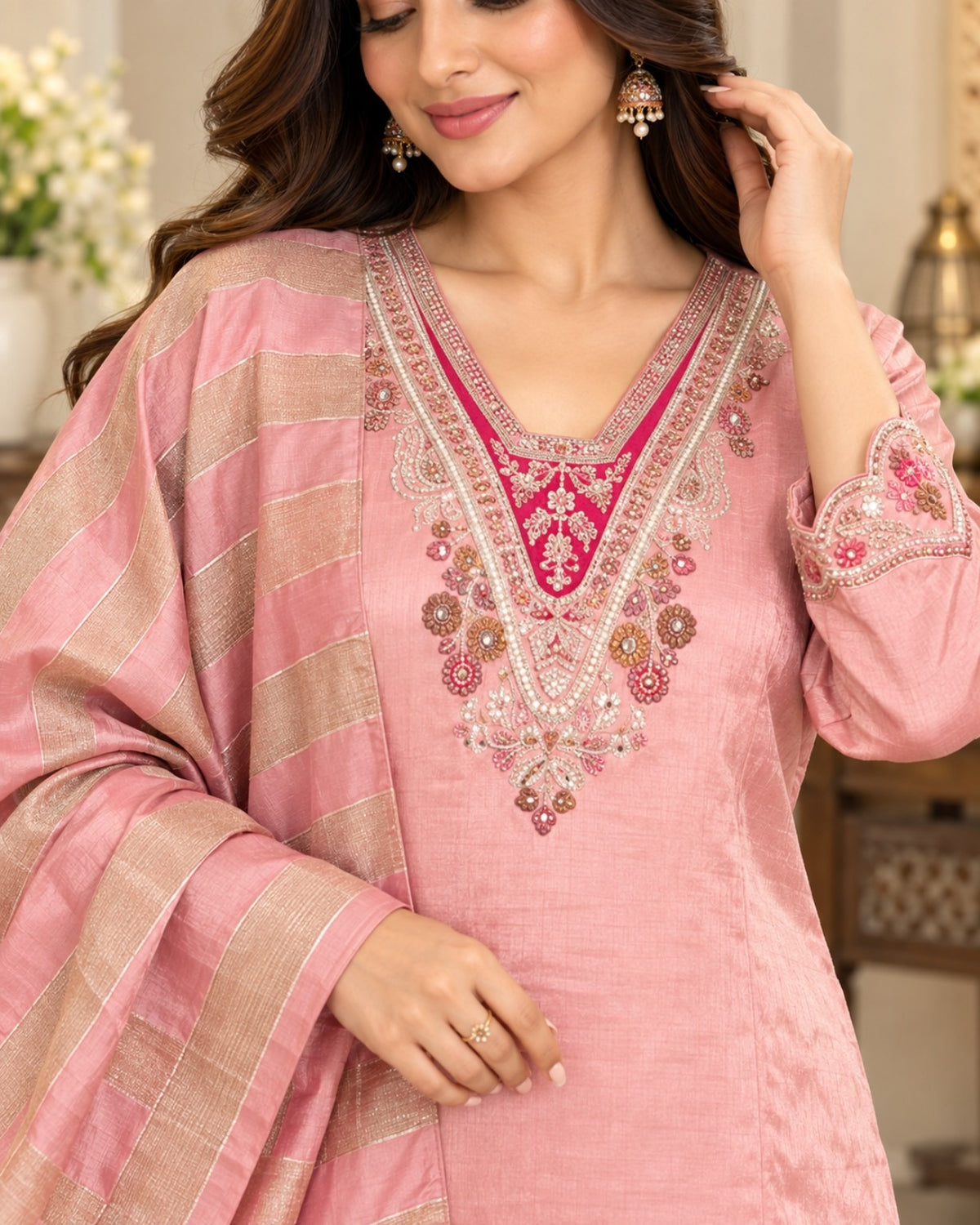 Pink Embroidered 3-Piece Suit Set for Women with Striped Dupatta