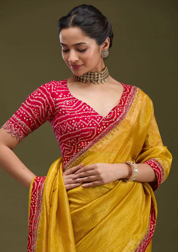 Mustard Printed Satin Saree