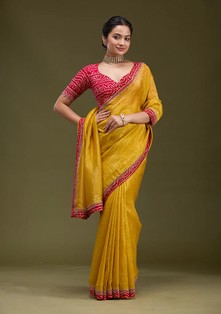 Mustard Printed Satin Saree