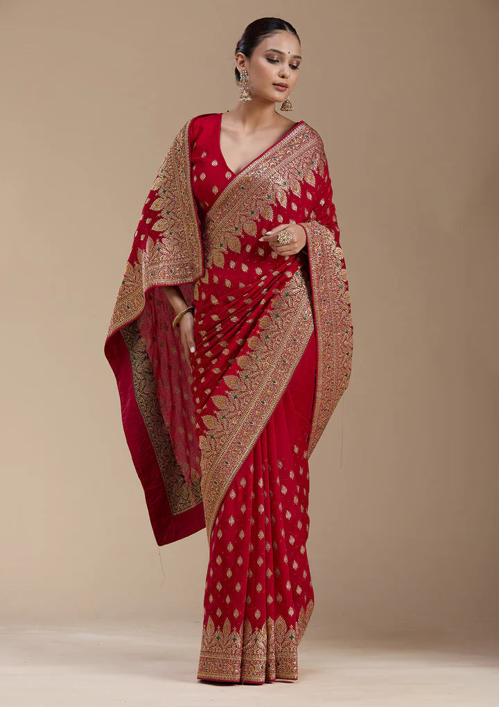 Red Zariwork (Gold) Soft Raw Silk Saree