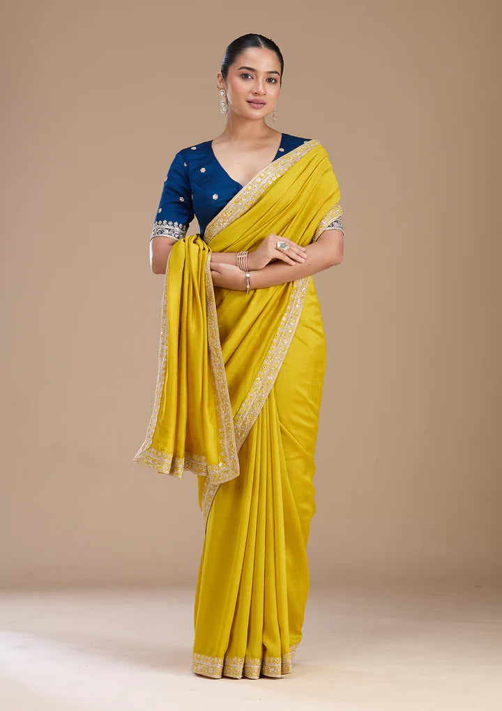 Mustard Zariwork (Gold) Soft Raw Silk Saree