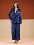 Blue Solid Velvet Shirt Collar Co-ord Set for Women